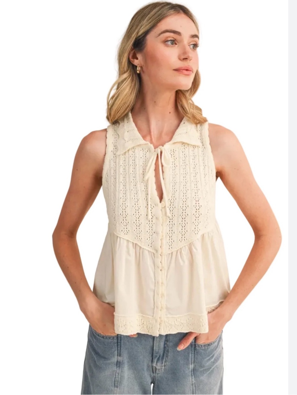 Camila Coelho Cream Crochet-Panel Tie-Neck Camisole